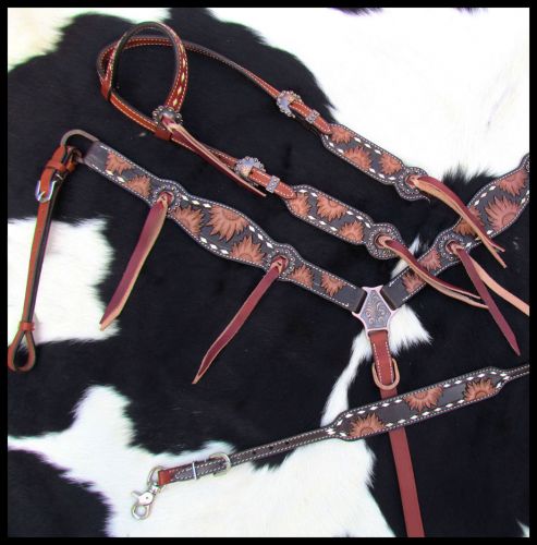 Showman Engraved Sunflower Leather Single Ear headstall and breastcollar set #4